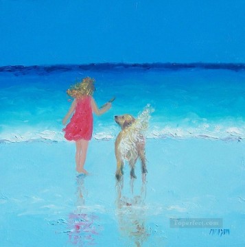 Child Painting - girl and dog beaside beach Child impressionism